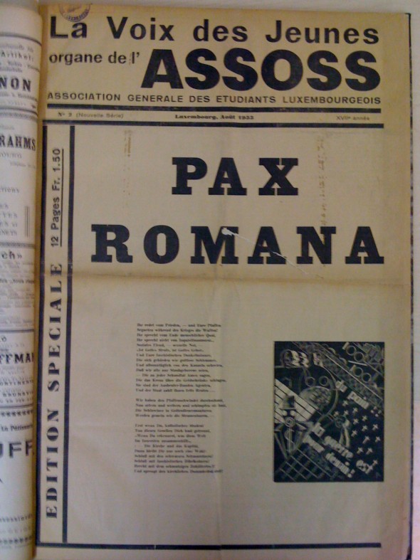 1933  Du Pain, la Guerre est pour demain. Gravure sur bois, publiée dans Pax Romana, Congrès au  mois d’août