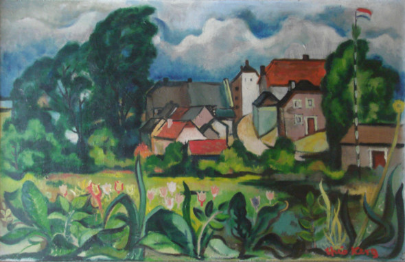1946 Village aux environs de Diekirch, huile sur panneau