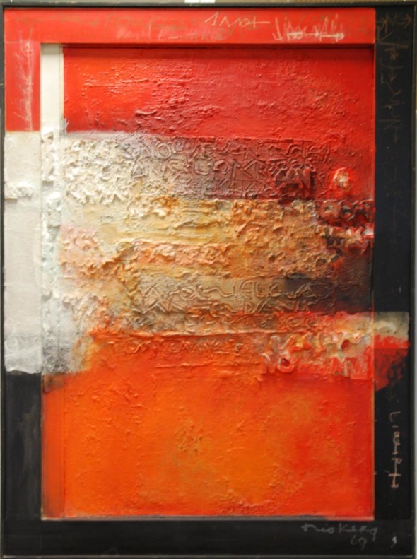 1969 Hommage à Paul Eluard, technique mixte sur toile,110,4 x 151 cm, collection Musée d’art moderne André Malraux Le Havre, exposée au Cercle-Cité en 2013-2014