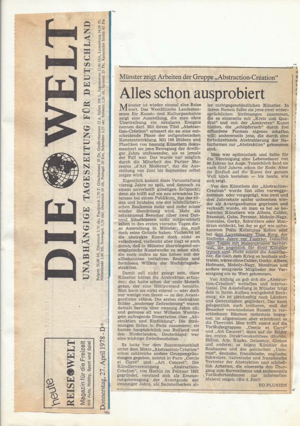 1978 Die Welt (27.4) Article de presse lors de l‘exposition abstraction-création à Münster au Westfälisches Landesmuseum