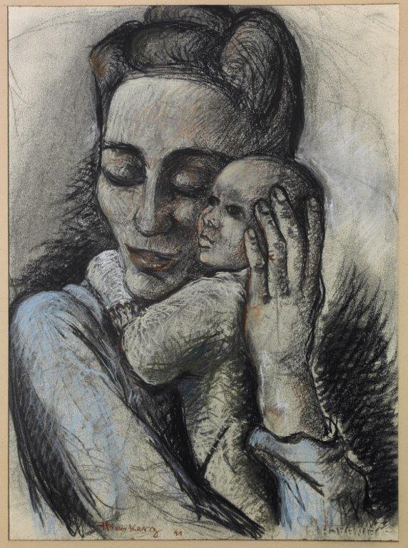 1941 Femme de Théo Kerg, Catherine Kerg-Vaccaroli, avec sa fille Vanna, dessin sur carton