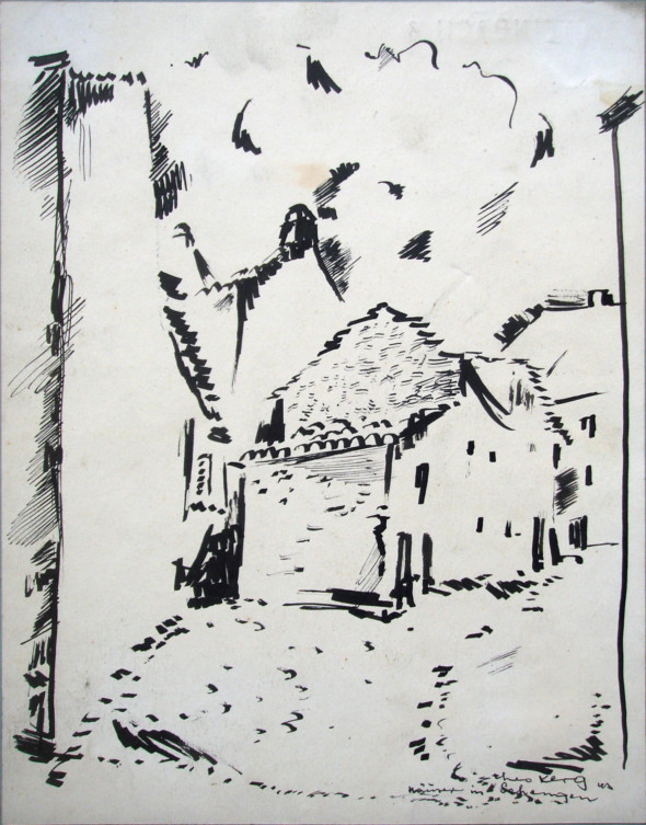 1943 Dessin d’une ruelle à Schengen, dessin à l’encre du 24.8