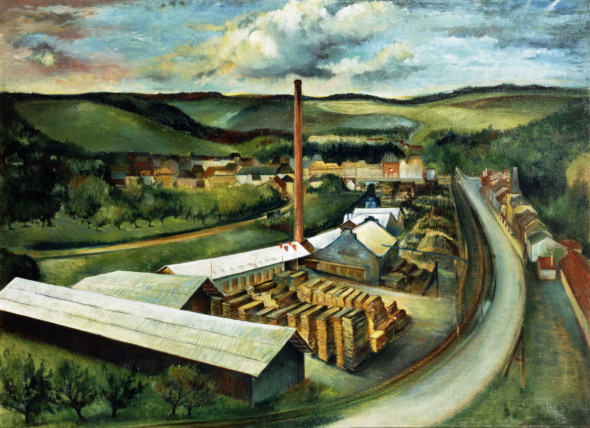 1942 Vue sur la scierie Clement à Junglinster, huile sur panneau