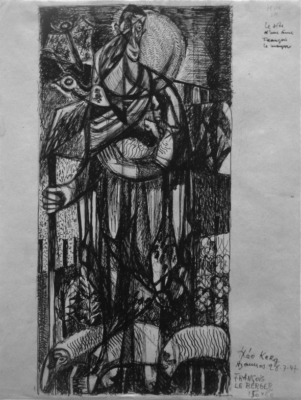 1947 Francois le berger, dessin sur papier fait à Azannes – Meuse – 28 juillet 1947, préparation pour un tableau, 150 x 50 cm