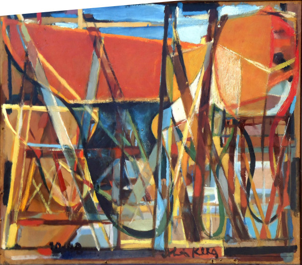 1948  Yachts en calles sèches, huile sur carton, 45×37 cm