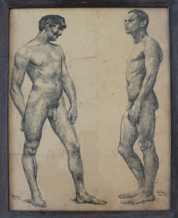 1931 Deux hommes nus, dessin sur papier, fait à l’Ecole des Beaux-Arts à Paris
