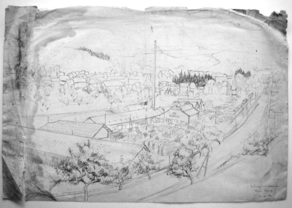 1942 Vue sur la scierie Clement à Junglinster, dessin préparatoire pour le tableau du même nom